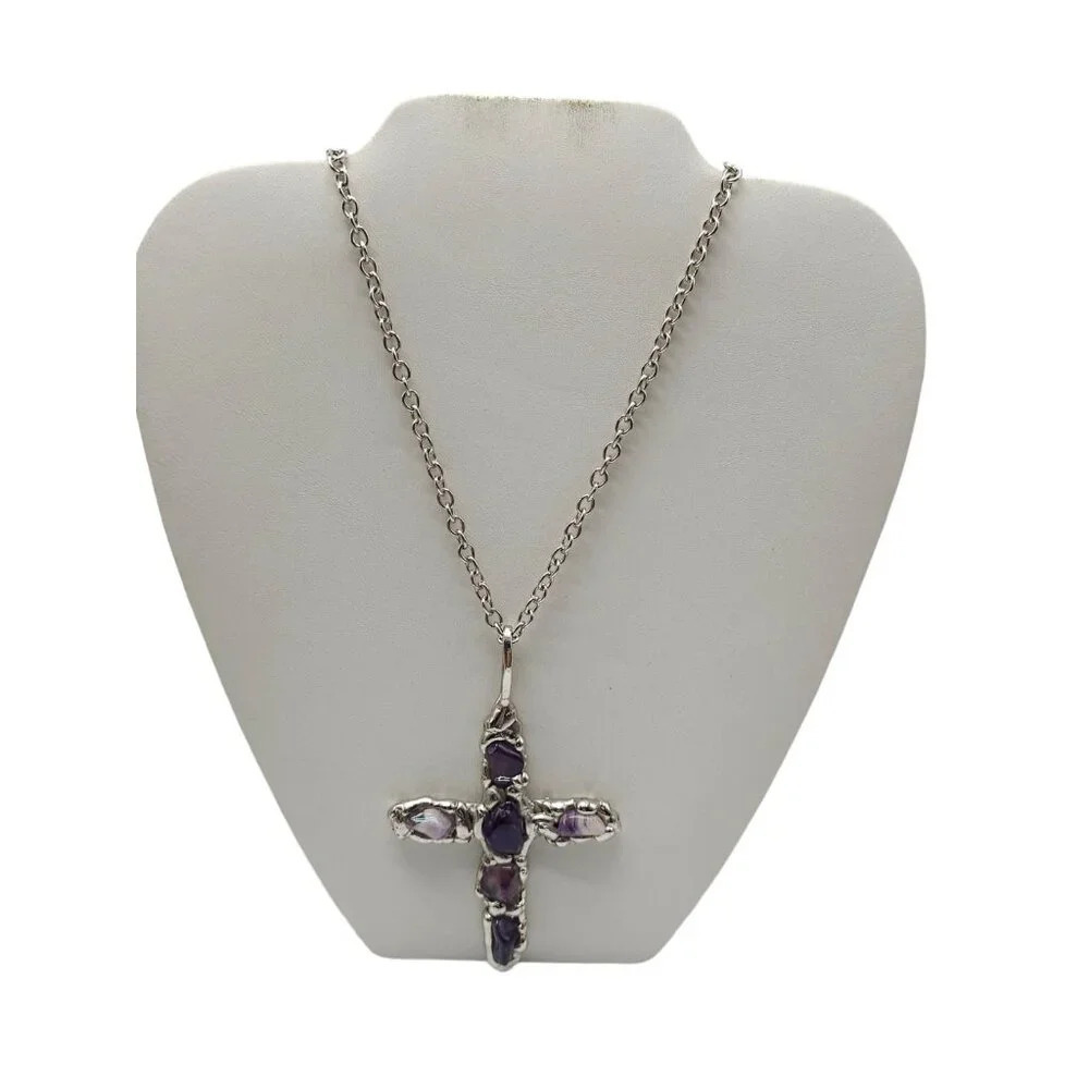 Amethyst Gemstone DENMARK Cross Large Pendant Chain Necklace Silver Tone Vintage
